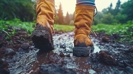 Wall Mural -   A tight shot of boots splashing through a puddle of water on a dirt road