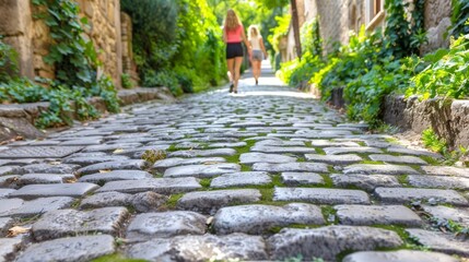 Wall Mural -   A woman strolls along a cobblestone path, surrounded by a verdant expanse Ivy adorns the road's edges