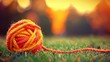   A tight shot of a ball of yarn against a hazy backdrop of distant trees on a lawn