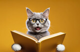 Fototapeta Dmuchawce - Surprised cat in glasses holding opened book, education concept..
