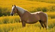 Depict a golden horse standing proudly in a field upscaled 2