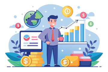 Canvas Print - A man is standing in front of stacks of money, Financial administration trending, Simple and minimalist flat Vector Illustration