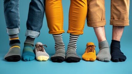 Wall Mural -   A group of people stand next to one another, feet planted firmly on the ground, socks covering their ankles