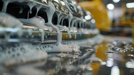 Canvas Print -   A line of washing machines aligned, tops gleaming, with water droplets clinging