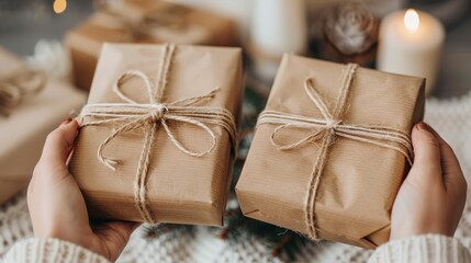 Canvas Print -   A person stands before a Christmas tree, holding two gift-wrapped presents A lit candle sits nearby