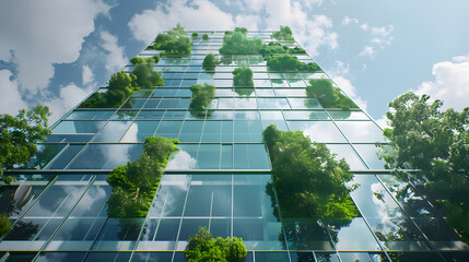 Wall Mural - Sustainble green building. Eco-friendly building. Sustainable glass office building with tree for reducing carbon dioxide. Office with green environment. Corporate building reduce CO2. Safety glass.
