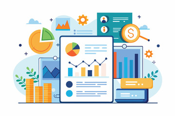 Poster - A tablet displaying a financial chart with a magnifying glass placed on top for detailed analysis, Financial reports and business graph analysis, Simple and minimalist flat Vector Illustration