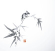 Little mouse sitting on bamboo branch. Traditional oriental ink painting sumi-e, u-sin, go-hua. Hieroglyph - happiness.
