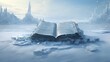 A book embedded in the ice of a frozen wasteland, its frost-covered pages preserving the stories of a forgotten civilization