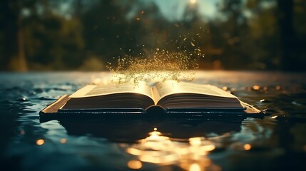 Wall Mural - A book floating on the surface of a tranquil pond, its reflection merging with the rippling water like a mirage of infinite wisdom