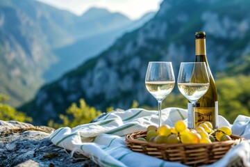 Picnic lunch outdoor with two glasses, bottle of white wine and grapes against the backdrop of a green morning forest or park