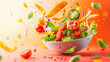Fresh salad with flying vegetables on red background.