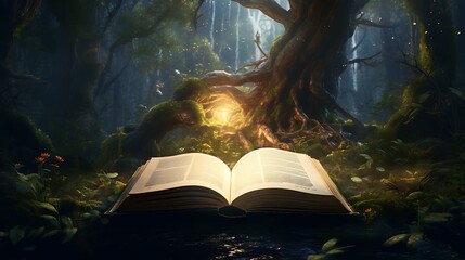 Wall Mural - A book nestled among the roots of an ancient tree, its pages whispering tales of forgotten lore carried on the breeze through the forest canopy