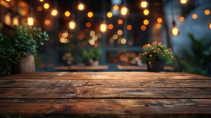 Canvas Print - A wooden table is seen against a blurry abstract background of restaurant lights.