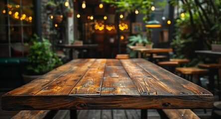 Canvas Print - A wooden table lies against a blurred background of restaurant lights against an abstract background