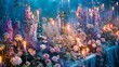   A table adorned with a profusion of purple and pink blooms sits next to tall candelabras, each brimming with lit candles