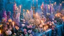   A Table Adorned With A Profusion Of Purple And Pink Blooms Sits Next To Tall Candelabras, Each Brimming With Lit Candles