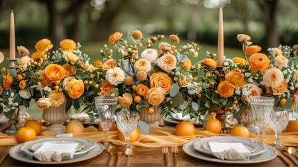 Wall Mural -   A table laden with oranges and adorned with vases of flowers and greenery, accompanied by a pair of candles