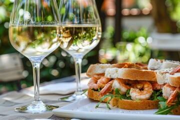 Wall Mural - Delicious prawn sandwiches and glasses of crisp white wine arranged on a wooden table