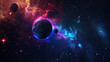 A vivid picture of blue-purple space. A planet and stars glowing in the sky. Pink explosion of a galaxy or planets