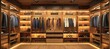 Modern luxury wooden wardrobe interior with many and shoes on shelves, in hangers hanging from ceiling in dressing room, 3d rendering illustratio
