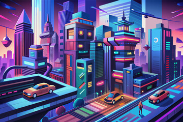 Poster - A bustling metropolis with flying cars and neon lights in 3D illustration