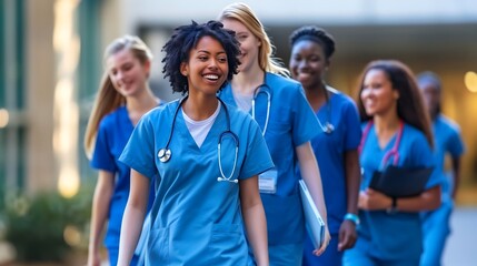 diverse multiracial team nursing student women in blue scrubs, doctor intern healthcare education an