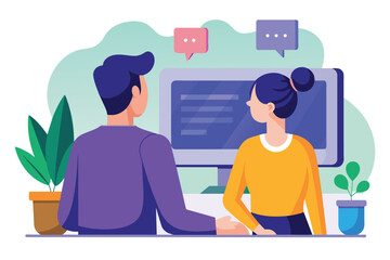 Sticker - A man and a woman are sitting in front of a computer, engaged in work or study, illustration of a man and woman looking at a computer screen, Simple and minimalist flat Vector Illustration