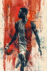 Poster - A painting of a man in basketball uniform falling to the ground, AI