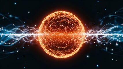 A Glowing Digital Sphere Formed by Interconnected Nodes and Lines Representing a Network of Data and Information in a Dark Background Illuminated by golden Light