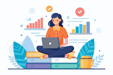 Canvas Print - A woman sitting on a stack of books while working on a laptop, Illustration of a woman sitting on a pile of data with a laptop, Simple and minimalist flat Vector Illustration