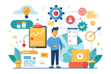 Poster - Man Standing in Front of Clipboard Surrounded by Icons, Implementation of business projects and business development, Simple and minimalist flat Vector Illustration