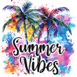 summer vibes image depicting a tropical paradise with palm trees against a backdrop of vibrant watercolor splashes