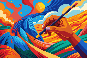 Poster - A close-up of a student's hand holding a paintbrush, creating a vibrant masterpiece on a canvas.