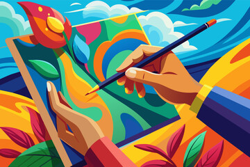 Poster - A close-up of a student's hand holding a paintbrush, creating a vibrant masterpiece on a canvas.