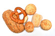Collection of bread and rolls with grains on a white background