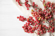 Branches with red sea buckthorn berries, silver Shepherdia (lat. Shepherdia argentea) on a white painted surface close-up, copy space, soft selective focus. Alternative medicine