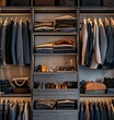 Modern wardrobe for men with and accessories on shelves, gray wooden color