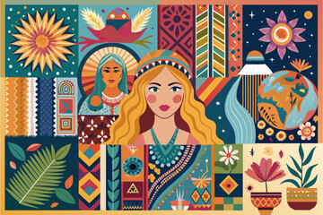 Poster - A collage template with a bohemian style, featuring colorful textiles and patterns