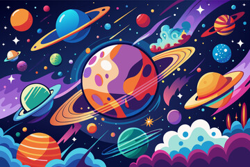 Fototapete - A collage template with a cosmic vibe, featuring planets and space elements