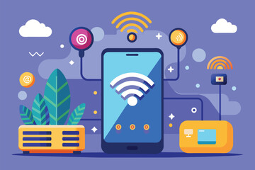 Poster - A smartphone with WiFi connection established for internet access, Install the phone device with a wi-fi connection, Simple and minimalist flat Vector Illustration