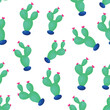 Hand drawn decorative seamless pattern with cactus in pot.