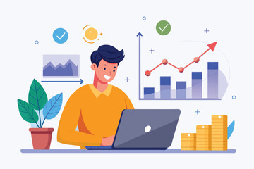 Poster - Investor Analyzing Growth on Laptop, investor with laptop monitoring growth analyzing profit graph,stock trading investment, Simple and minimalist flat Vector Illustration