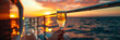 A person holding a glass of champagne on a boat at sunset, ideal for travel, leisure, and celebration concepts.