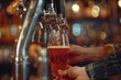 A closeup of hands pouring red beer from the tap into a glass, with a blurred bar background Generative AI