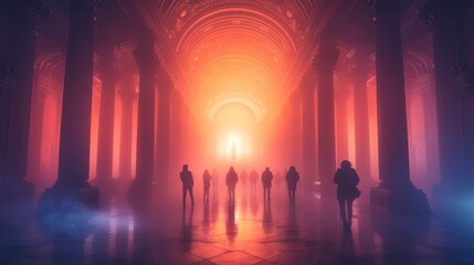 Wall Mural - A group of people standing in a large building with fog, AI