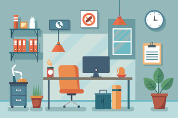 Sticker - A room featuring a simple desk with a computer setup, perfect for an office space, keeping safe in the office, Simple and minimalist flat Vector Illustration