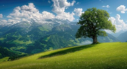 Wall Mural - Tree On A Hill. Idyllic Summer Landscape with Green Meadow and Mountain View