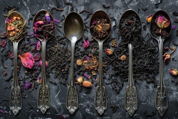 Wall Mural - Loose Tea Collection in Vintage Spoons. Aromatic Assortment of Black Tea Perfect for Breakfast