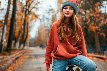 A teenage girl in a hat and in trendy street style clothes with a skateboard in the park in autumn. Freedom and lifestyle concept